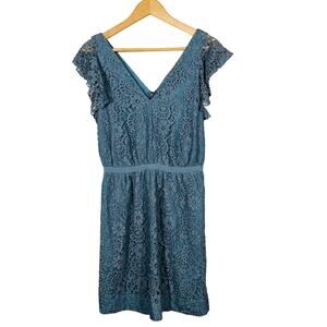MAdewell Lace Flutter Sleeve Dress Knee Length Casual Cute Blue Grey - 2